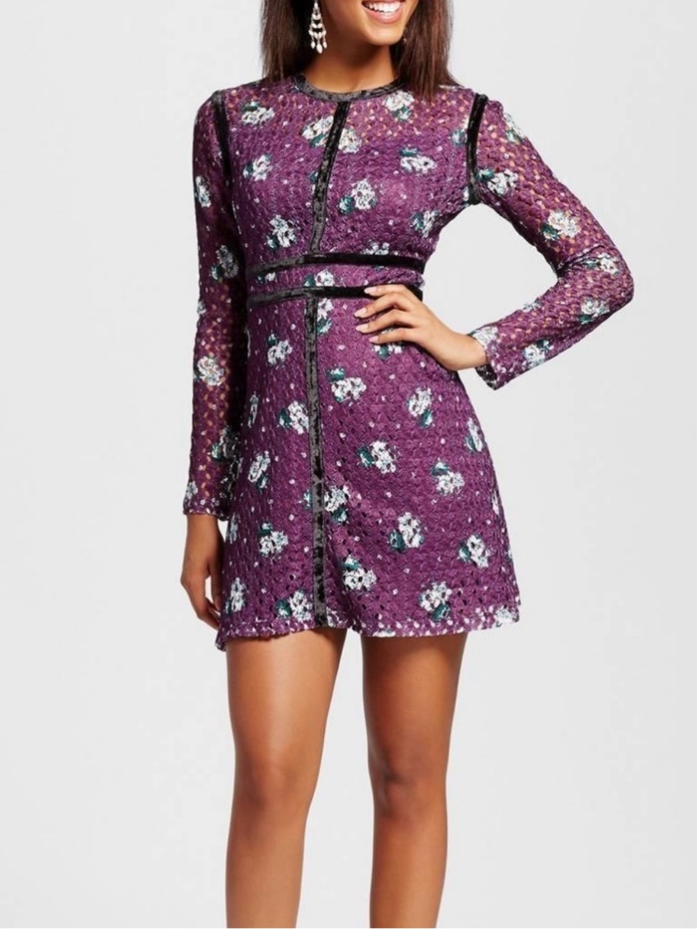 Xhilaration Floral Lace Long-Sleeve Mini Dress in Plum